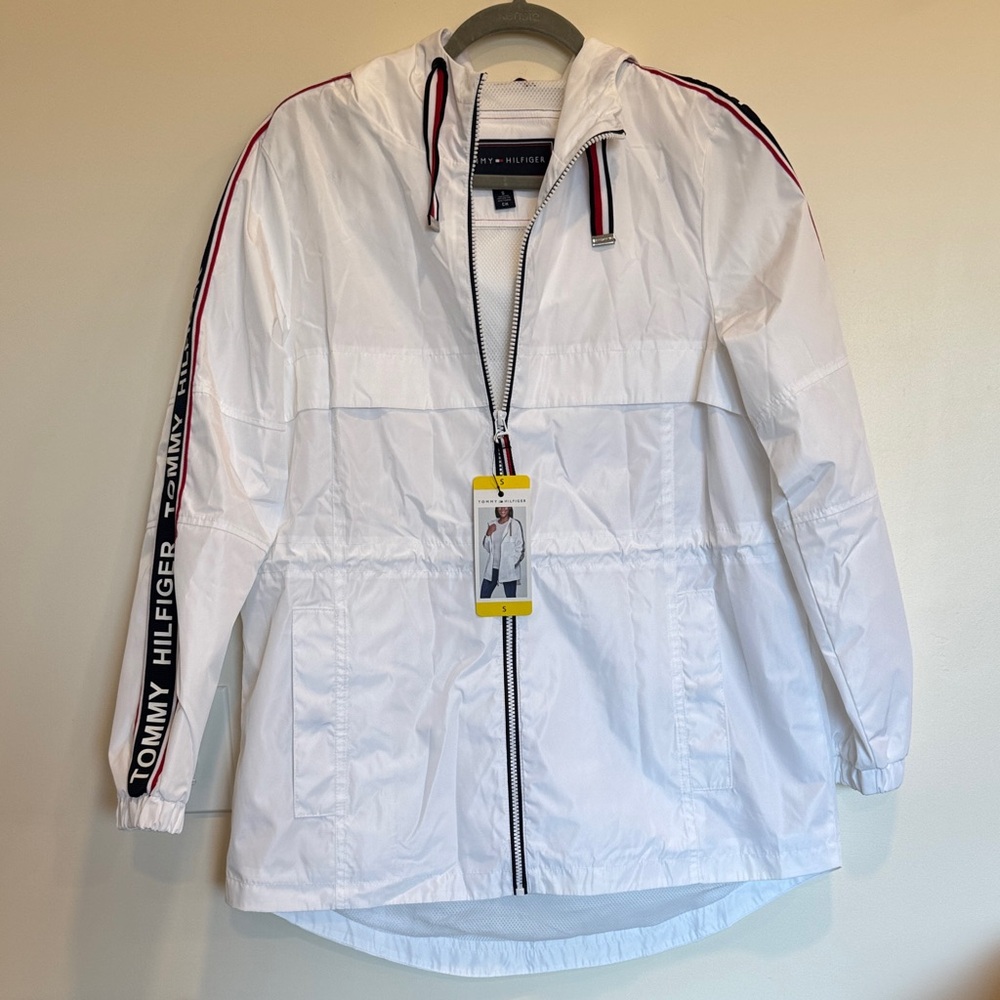 Tommy Hilfiger White Hooded Jacket with Red and Blue Accents Size Small